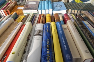 Table with partly old books, offered by a second-hand bookshop