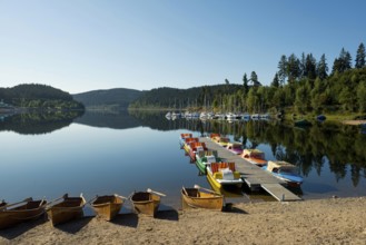 Morning atmosphere with colorful paddle boats and rowing boats, Schluchsee, Black Forest, Southern