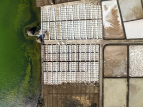 Salt mining plant, Salinas de Janubio, top-down, near Yaiza, drone shot, Lanzarote, Canary Islands,