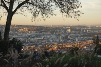 View of the city center in warm sunset light from Santiago de Chile Platz Stuttgart, Germany