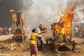 The coffins are incinerated during a corpse cremation (Ngaben) Gianyar, Bali, Indonesia