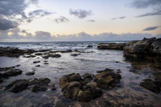 Seaside coast with volcanic rocks at sunset, La Santa, Lanzarote, Canary Islands, Spain
