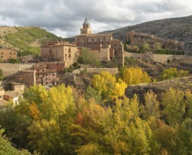 Historic buildings on hillside medieval village of Albarracin, Teruel province, Aragon, Spain