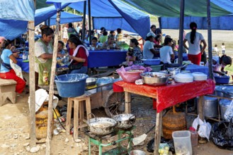Market kitchen with people cooking and preparing food under blue tents, The market of Rurrenabaque