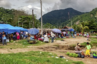 Outdoor market in front of a mountain landscape, with stalls and people under blue tarpaulins, The