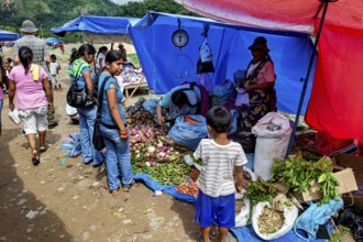 Market scene with people shopping at vegetable stands under colorful tents, The market of