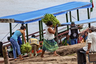 Two woman carry bundles of bananas to a riverbank boat as people watch, woman unload bananas from a