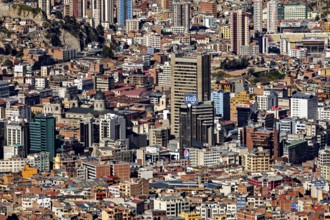 Dense city center with numerous high-rise buildings and diverse architecture, the city of La Paz in