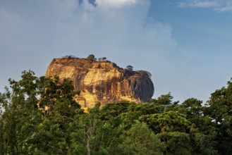 Massive rock juts out of the green landscape under a blue sky, The Lion Rock near Sigiriya in Sri
