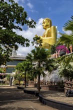 Large golden Buddha statue outdoors surrounded by trees and other sculptures under a blue sky, The
