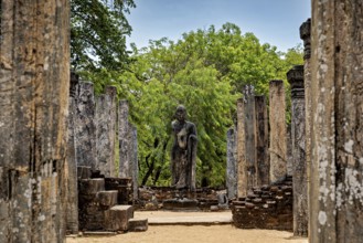 Stone statue surrounded by trees amid ancient ruins and stone pillars, The Temples of Polonnaruwa
