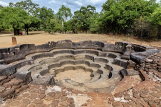 Stone-shaped concentric water basin in ancient style surrounded by trees, The temples of
