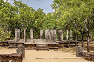 Ancient ruins with stone pillars surrounded by trees, The temples of Polonnaruwa in Sri Lanka