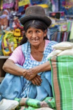 A woman in traditional clothing and hat sits quietly at a market, the Rurrenabaque market in