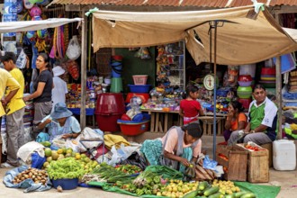 Market scene with colorful stalls and greengrocers in a lively atmosphere, The Rurrenabaque market