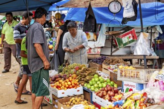 Fruit and vegetables in boxes at a market stand where customers look around and shop, The