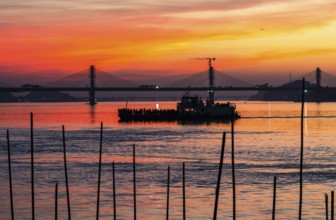 A boat sails on the river Brahmaputra during sunset, with the silhouette of a cable-stayed bridge