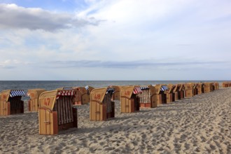 Empty, locked beach chairs on the beach, beach chair, sandy beach, Baltic Sea, Poel island,