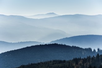 Staggered mountain ranges in haze, at Hohneck, Col de la Schlucht, Vosges, Alsace-Lorraine, Vosges