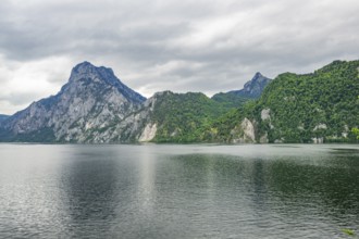 Landscape of Lake Traunsee on a rainy day in spring, Traunstein summit, Traunkirchen,
