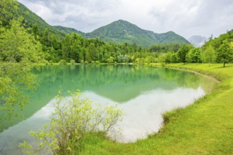 Landscape of Lake Elisabethsee on a rainy day in spring, Austria