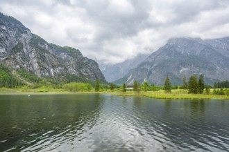 Landscape of Lake Almsee on a rainy day in spring, Salzkammergut, Austria