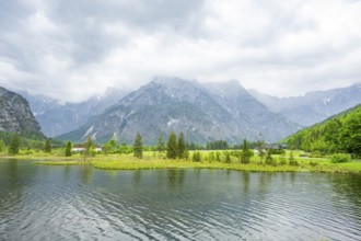 Landscape of Lake Almsee on a rainy day in spring, Salzkammergut, Austria