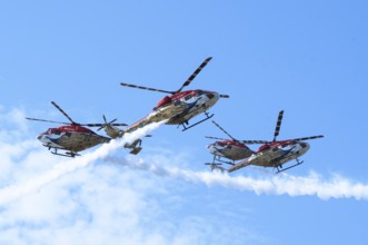 Indian Air Force aerobatic team performs during rehearsals ahead of the air show organised as part