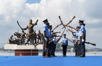 Indian Air Force personnel performs a bayonet drill demonstration on the bank of Brahmaputra river,