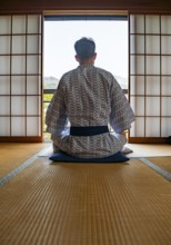 Young man wearing kimono sitting in traditional Japanese living room with tatami mats and shoji