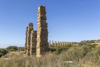 Stone columns of ancient aqueduct, Roman site of Los Banales, near Layana, Zaragoza province,