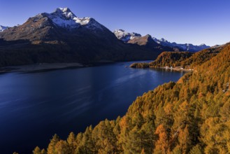 Mountain landscape, mountain lake, larch forest, autumn, autumn color, morning light, sunny, aerial