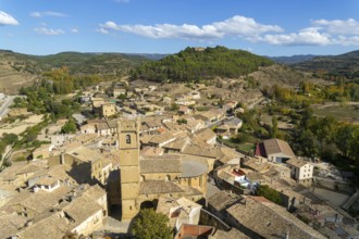 Church tower and rooftops of medieval village of Uncastillo, Cinco Villas, Zaragoza province,