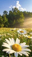 A sunlit meadow with daisies against a forest backdrop under a blue sky, Late summer country