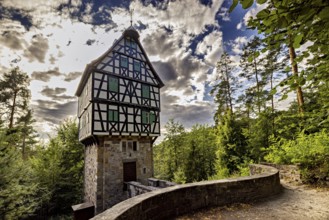 A tall, narrowly built half-timbered house on a stone base surrounded by dramatic skies with lush
