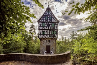 Half-timbered house in the forest surrounded by leaves, under a cloudy sky, with a curved stone
