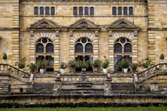 Detailed design of castle windows with decorative flowers, The Hummelshain hunting lodge in