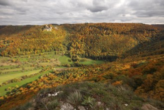 Indian summer on the Swabian Jura in the Nenninger Valley with the ruins of Reussenstein Castle