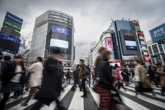 Crowd crossing zebra crossing on a large intersection, motion blur, back modern houses with