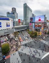 Modern houses with colorful neon signs and large road intersection, Shibuya Crossing from above,