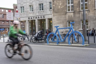 Bicycle parking spaces, with so-called leaning bars and a large blue bicycle silhouette, to make