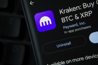 Dhaka, Bangladesh- 27 July 2025: Kraken app from Google Playstore is displayed on a smartphone