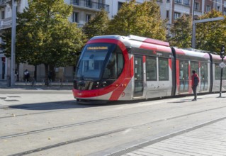 Light rail tram city public transport system CAF Urbos 3 trams, Tranvía de Zaragoza, Zaragoza,