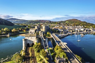 Conwy Castle over River Convy from a drone, Convy, North Wales, England, United Kingdom