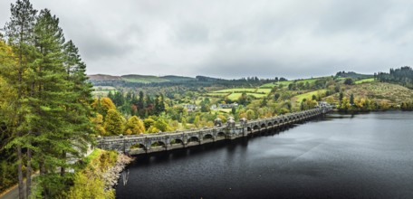Llyn Brianne Dam and Reservoir from a drone, Lake Vyrnwy, Powys, Wales, England, United Kingdom