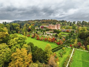 Autumn colours over Powis Castle and Garden from drone, Welshpool, Powys, Wales, England, United