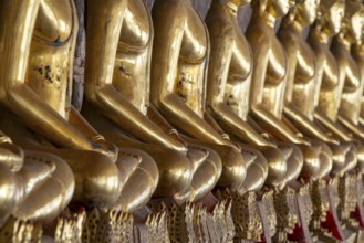 Gilded Buddha statues (Bhumispara mudra: Buddha Gautama at the moment of enlightenment), Wat Suthat
