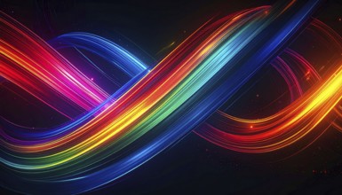Abstract digital art featuring vibrant, intersecting neon lines creating a geometric pattern,