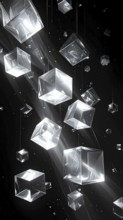 Abstract animation, glass cubes on black background, modern business wallpaper illustration, AI