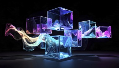 Abstract animation, glass cubes on black background, modern business wallpaper illustration, AI